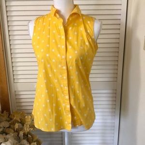Talbots yellow with white polkadot fitted shirt